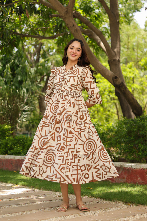 Women Abstract Printed Pure Cotton Tiered Fit & Flare Midi Dress
